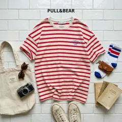 PULL&BEAR ボーダー柄　半袖カットソー S 赤×ベージュ ロゴ刺繍