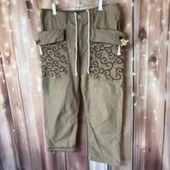 雅結 ベージュ 和柄 刺繍ポケット カジュアルパンツL