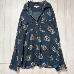 18-2 ロフト シャツ 襟長袖花柄 花柄 XL 青 ポリエステル お出かけ