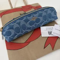 コーチ☆新品☆シグネチャー デニム ペンシルケース/コスメケース 青 ブルー