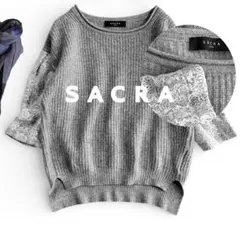 SACRA サクラ 異素材ドッキング レーススリーブ ウール混リブニット グレーのサムネイル