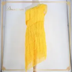 【美品 社交ダンス衣装】ワンピース ドレス ラテン 黄色 イエロー フリンジ
