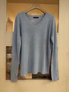 新品L'espoir ライトブルー ラメ入りVネックリブニット Lサイズ