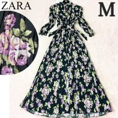ザラ シャツワンピース 花柄 総柄 薔薇 マキシ ロング ブラック 黒 M