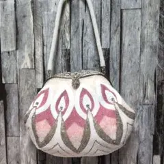 美品✨希少　ヴィンテージ　レトロ　総ビーズ　ハンドバッグ　がま口　腕掛け　ピンク