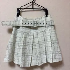 インパン 裏地 ベルト付 ツイード ミニ プリーツ スカート チェック ホワイト