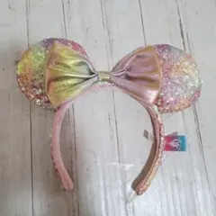 【美品】ミニー 耳 カチューシャ リボン スパンコール ディズニー オーロラ