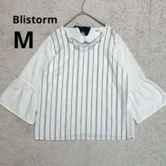 【Blistorm】ビジュー付ブラウス　バックリボン　ストライプ　フリル　七分袖
