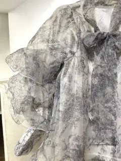 ボウタイブラウス、 オーガンジー花柄フリルブラウス 長袖GRL、Sサイズ