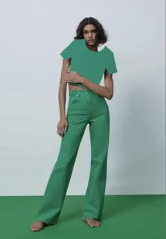 【新品未使用タグ付き美品】ZARA WIDE LEG JEANS グリーン38
