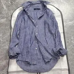 美品♡現行 ラルフローレン リネンシャツ 長袖 ポニー刺繍 ストライプ 青 白