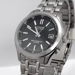 稼働 シチズン 黒文字盤 電波ソーラー デイト シルバー メンズ 刻印あり