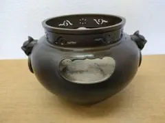 本間琢斎造 斑紫銅霊芝耳摘漢詩唐子遊戯図建水 佐渡銅器 茶道具茶