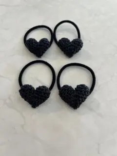 ハート　ヘアゴム　4個セット　ソフトブラック　黒