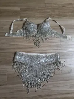 ベリーダンスBellydanceセットアップ ブラベルト2点セット白シルバー