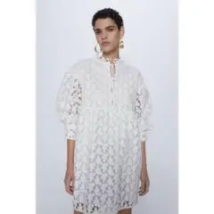 Zaraのホワイトの総レース花柄ミニワンピース