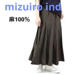 ミズイロインド 麻100% リネン ボリュームフレアスカート ウエストゴムカーキのサムネイル