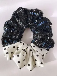 ブラックブルーツイードットシュシュ