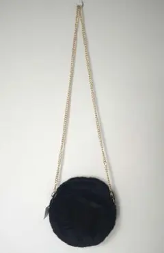 未使用 ファー 円形ショルダーバッグ 黒