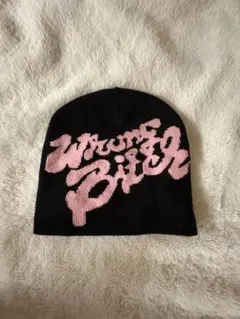 ロゴニット帽 ブラック ピンク ストリート 韓国 ビーニー 男女兼用