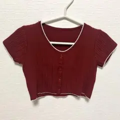 赤いリブ編み半袖カーディガン