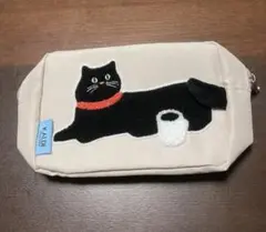 【新品未使用】KALDI にゃんコーヒー　もこもこ刺繍ポーチ　黒猫　キャット