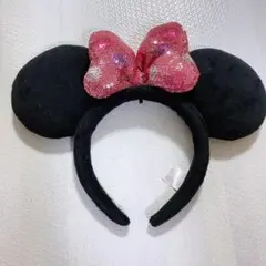 【美品】ディズニー カチューシャ ミニー スパンコール ピンク リボン