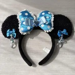 ミニーマウスカチューシャ 黒と水色のドット
