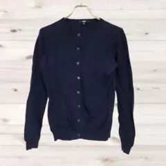 A1399 UNIQLO カーディガン 長袖(M) ネイビー 無地 綿 Uネック
