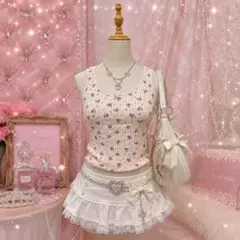 y2k 姫ギャル 甘ロリ レース 花柄 リボン タンクトップ リブ ピチのサムネイル