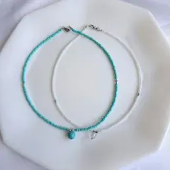 No.205　ビーズネックレス　ハンドメイド　ターコイズ　天然水晶　2点セット
