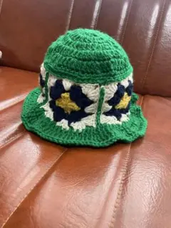 クロシェハット バケットハット 花柄モチーフ グリーン