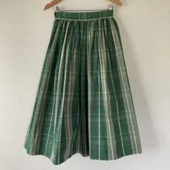 チェックフレアスカート ロング丈 ボリューム感 グリーン ゆったり