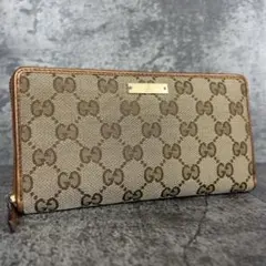 GUCCI GGキャンバス ロゴプレート ラウンドファスナー 長財布