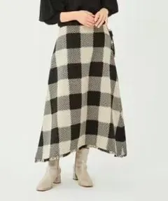 グリーンレーベルリラクシング ブロックチェック フレアスカート 裾フリンジ