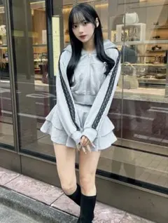 リボンパーカー×ミニスカートスウェットセットアップ BK［pm817］