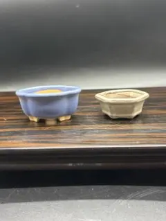 青色と灰色の陶器製盆栽鉢セット