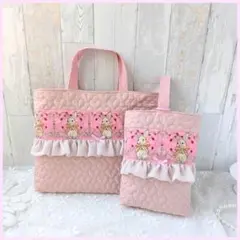 入園入学2点セット　手提げ　上履き袋　ハートキルト　リボンうさぎ　刺繍リボン