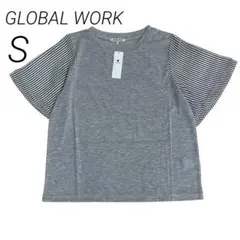 新品タグ付 GLOBAL WORK 袖シフォン ボーダー S グレーのサムネイル