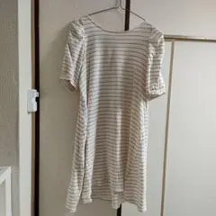 ホワイトストライプ パフスリーブ ワンピース Fサイズ