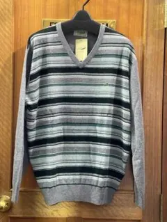 大寸2L グレイ 縞柄 紳士 新品未使用品 毛80％ メンズセーター Vネック