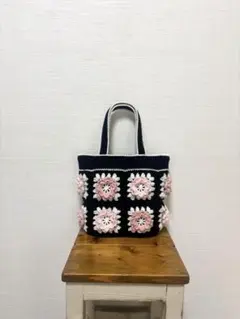 モチーフ編み　手編み　お花　コットン　バッグ　ハンドメイド　No.341