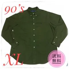 90s ラルフローレン XL オリーブ 紫ポニー ポロチノ BDシャツ 古着