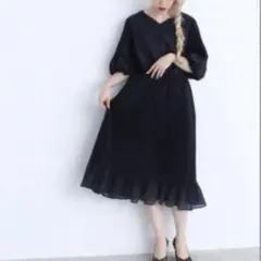 OLIKA vintage スパンジョーゼット リブプリーツOP ブラック　黒のサムネイル