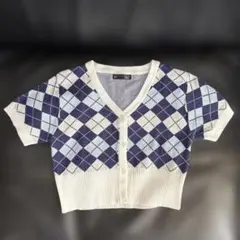 超美品　SHEIN/シーイン Dazy アーガイル柄 半袖カーディガン Sサイズのサムネイル