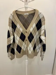 アーガイル柄カーディガン ベージュ ネイビー