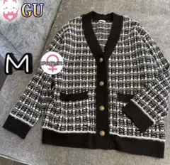 GU ツイード調 チェックオーバーサイズカーディガン M 黒 金ボタン　秋冬