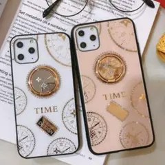 バンカーリング付きiPhone12ProMaxケース　ピンクページュ強化ガラス製