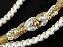 【新品】振袖用 豪華❗️正絹 帯締め 帯留めパールビーズ 飾り付き 白/金