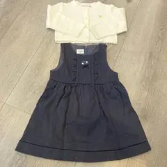 美品　ファミリア　ネイビー フリル付き ワンピースとカーディガンセット 95cm